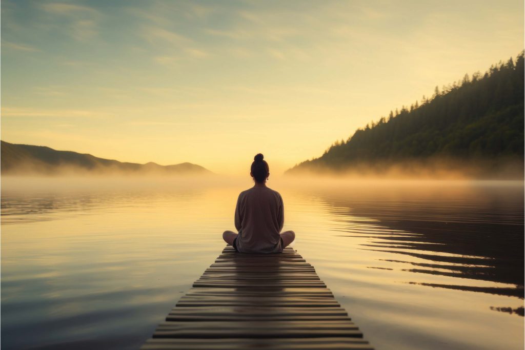 A person meditating looking over a lake